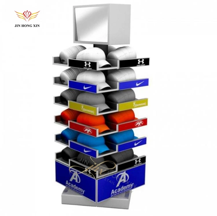 Supermarket Retail Shop Household Metal Wire Wheeled Multi Tiers Ring Shape Hook Hanging Helmet Baseball Cap Hat Display Rack