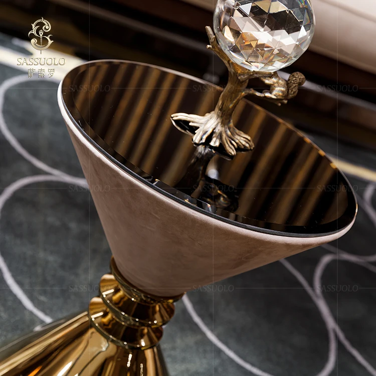 Sassuolo Luxury stainless steel corner table luxury flower stand with leather veneer glass countertop design modern table