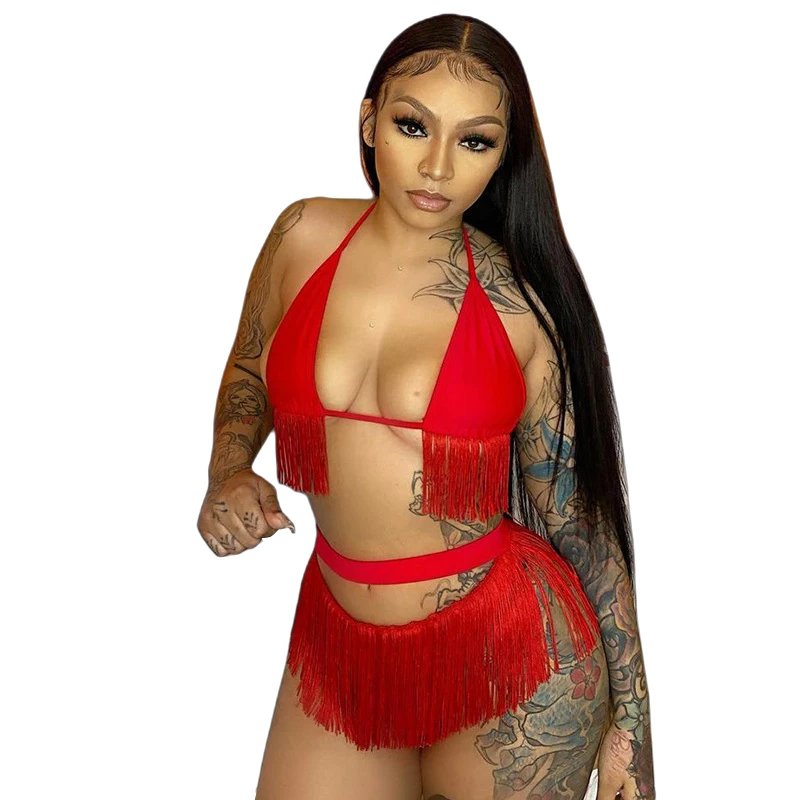 K21S03764 летняя одежда 2021 комплект бикини с кисточками и лямкой на шее, пляжные праздничные женские комплекты из 2 предметов