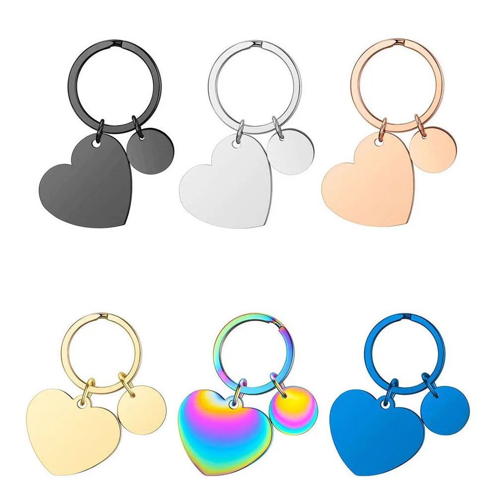 Heart Coin Shaped High Mirror Polish Stainless Steel Blank Engraveable Keychain Round Heart Stamped Pendant Key Chain Keyrings