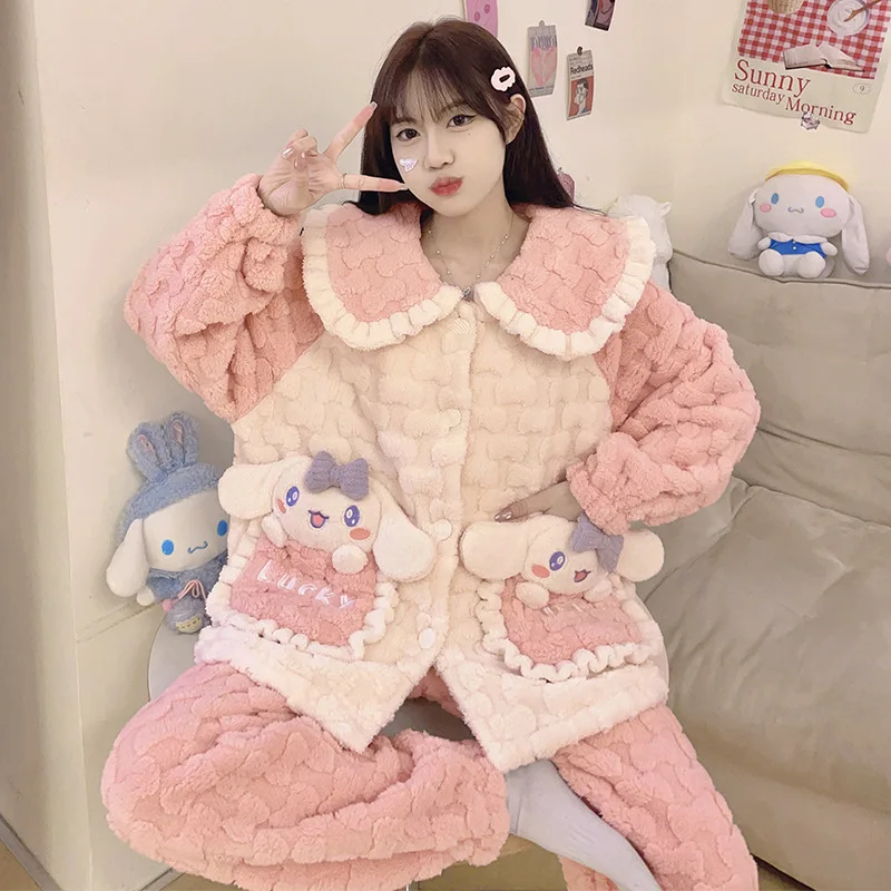 Sanrioed clothing cinnamo roll sanrioed pajamas kuromi sleepwear melody thick long sleeve fleece pajama hello kt cartoon dresses