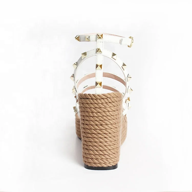 
Custom Fashion Sandal Shoes Sexy High Heel Women Shoes Rivet Studded Strap platform Sandal Jute Wedge Shoes for Ladies 