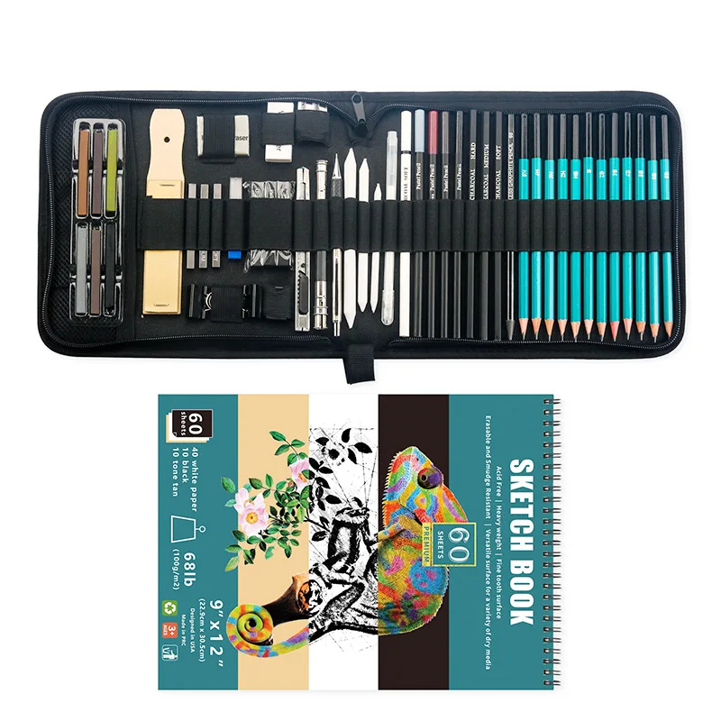 2023 New Product 50 Pieces Portable Tote Bag Metal Carbon Pen Painting Art Sketch Pencil Art Set