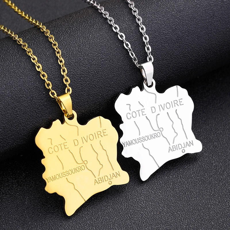 New Ivory Coast Map Necklace Fashion Jewelry Men Geometric Stainless Steel Pendant Necklace Gold Plated Statement Necklace