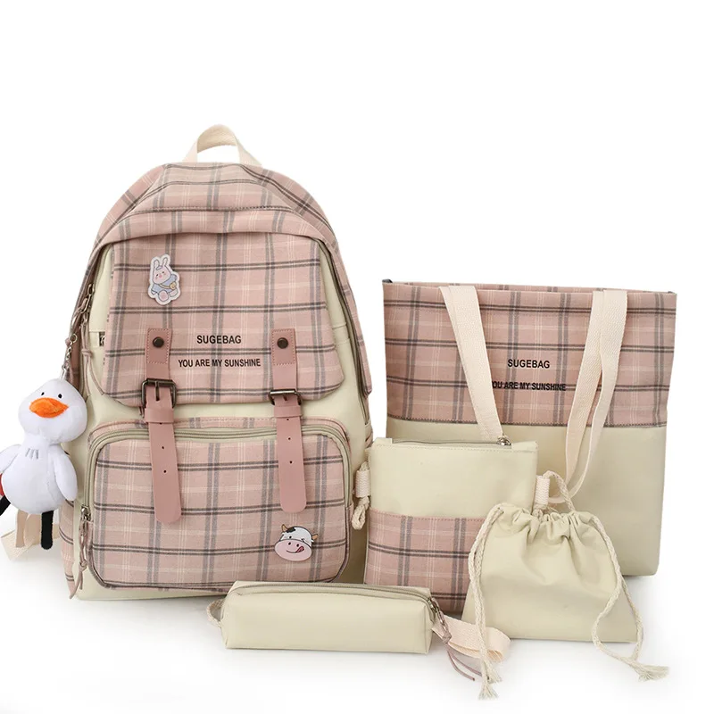 Amazon Hot Sale Fashion Large Capacity College Backpack 5 Pieces Canvas Girls School Bags Set on Sale