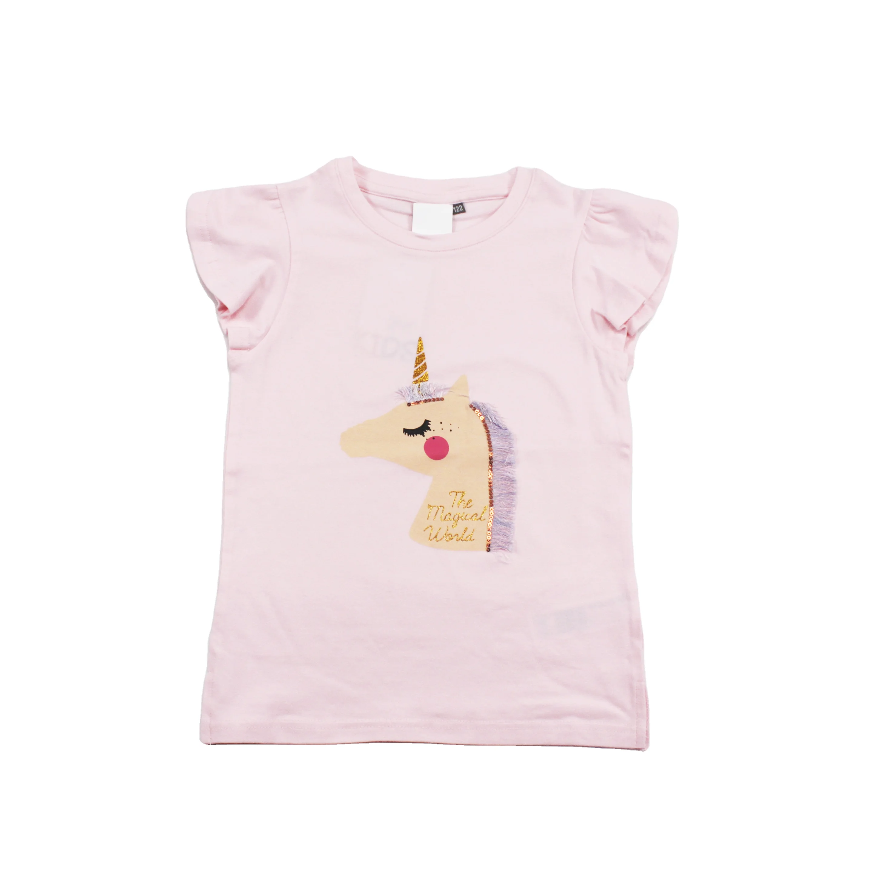 
Girl New Fashion T-shirts Children Clothes Cotton Spandex SJ Puff Sleeve Printing Summer pink T-Shirt 