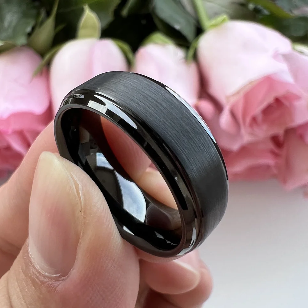 Coolstyle Jewelry Dropshipping Wholesale 8mm Stepped Beveled Fashion Engagement Wedding Band Black Tungsten Ring for Men Women