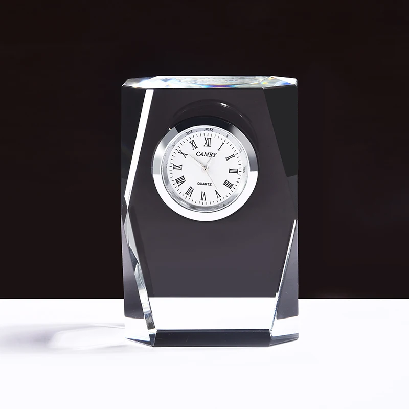 Antique Custom Logo Engrave Clear Crystal Clock Desk Table Decoration Clock