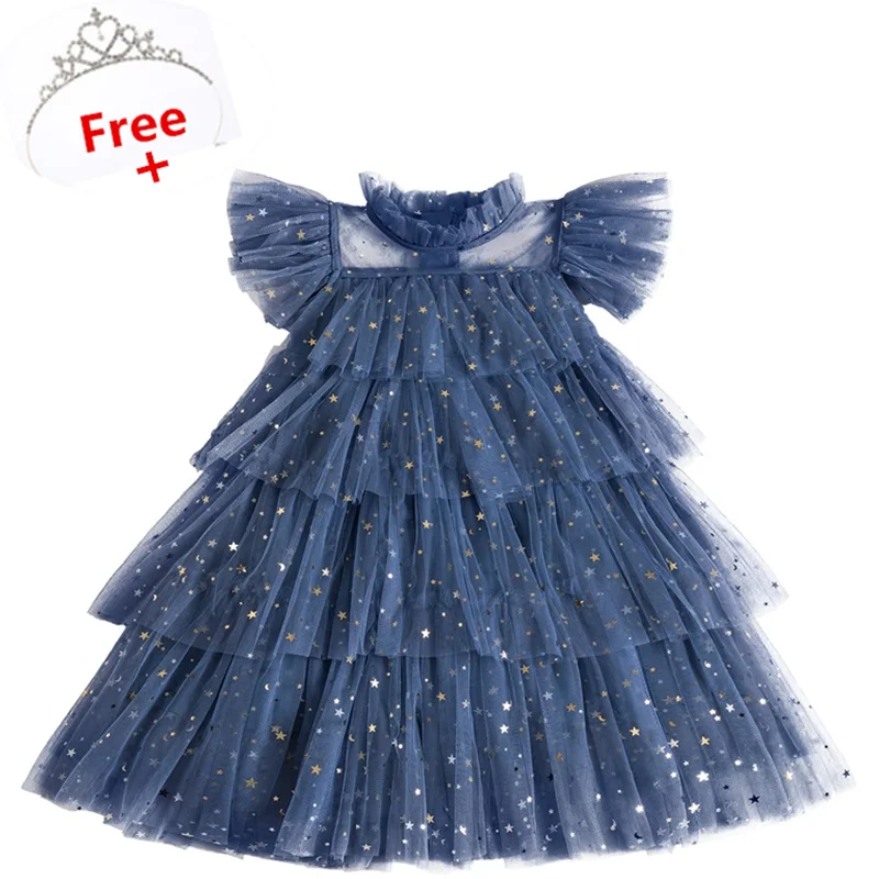 Girls Mesh Princess Dresses For Kids Vintage A-line Dresses Children Formal Evening Party Prom Costume Kids Vacation Dress 3-8Y