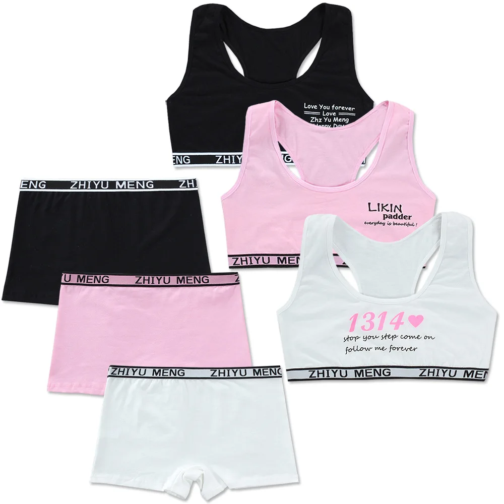 
letter print Girls Puberty Bra Set Children Underwear Training Bras boyshort set for Teenager 