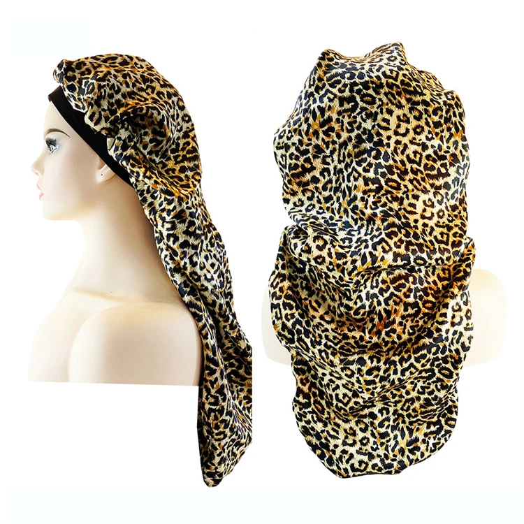 BOOOGE Fancy Wide Elastic Band Sleep Night Long Hair Bonnets Luxury Large Size Leopard Satin Bonnet