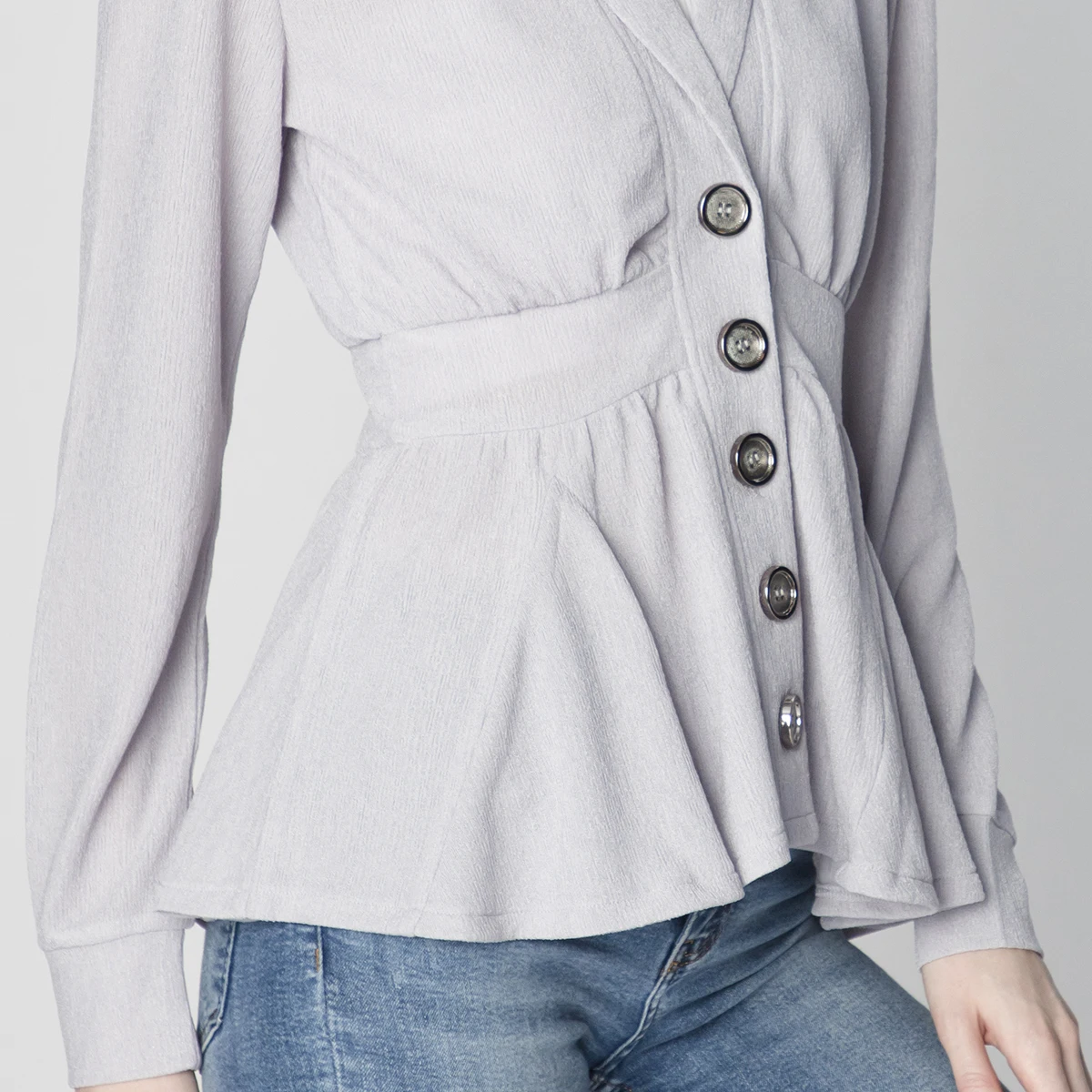 LADIES CASUAL FASHION REVERSE COLLAR FRONT RUFFLE BUTTON OPEN LONG SLEEVE BLOUSE SHIRT