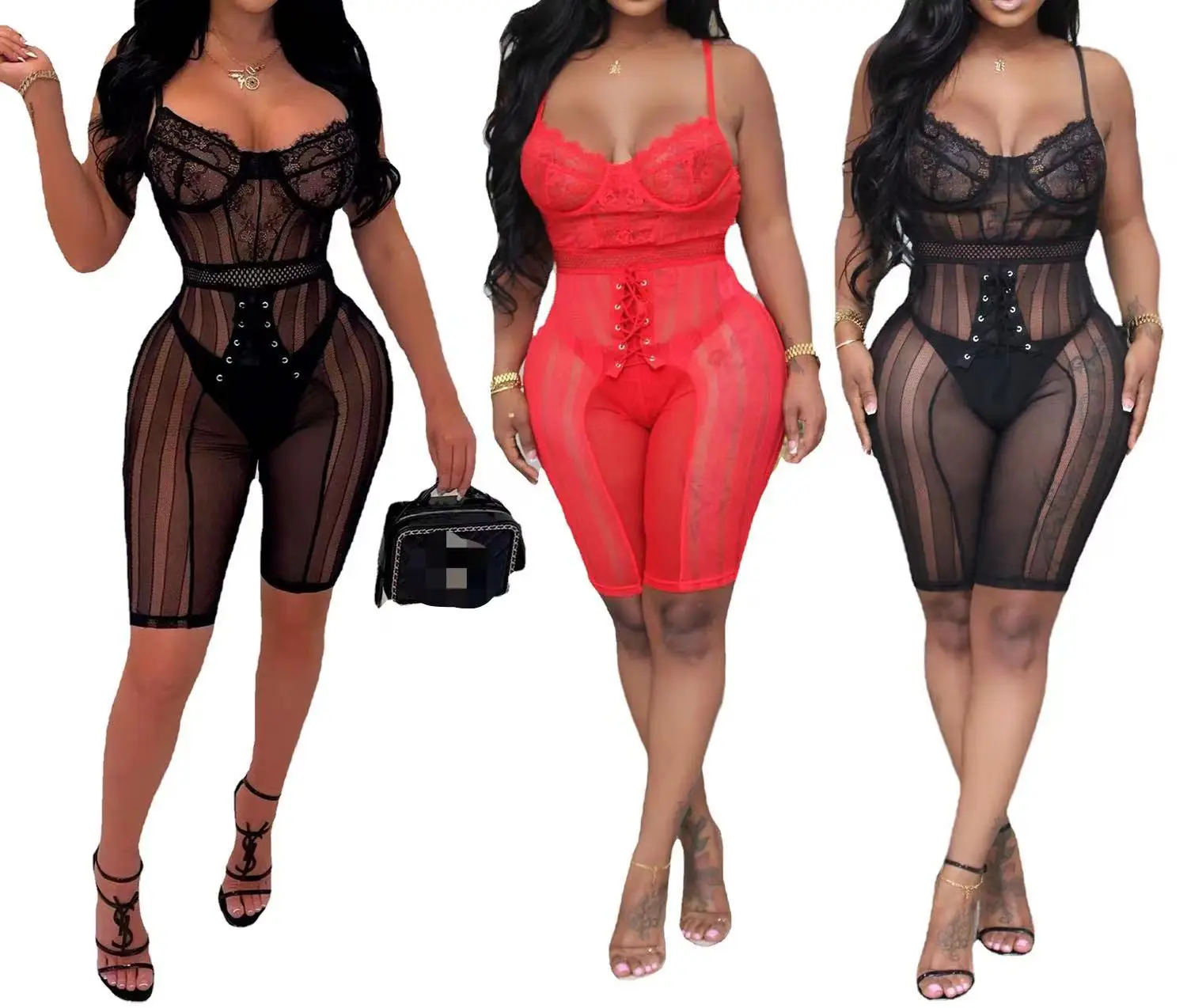ZHEZHE 2024 New Fashion See Through Short Bodysuits Sling Sleeveless Tight Romper Nightclub Sexy Lace Skinny Jumpsuit