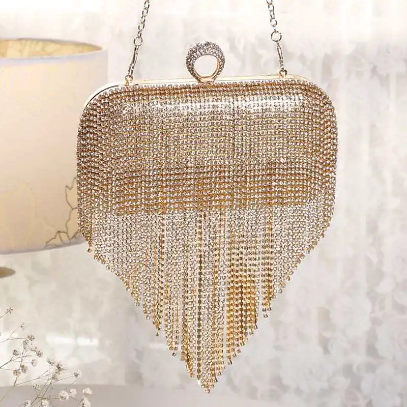 Hot Selling Women Crystal Tassel Clutch Purses Evening Clutch Bag Rhinestones Handbag for Wedding Party