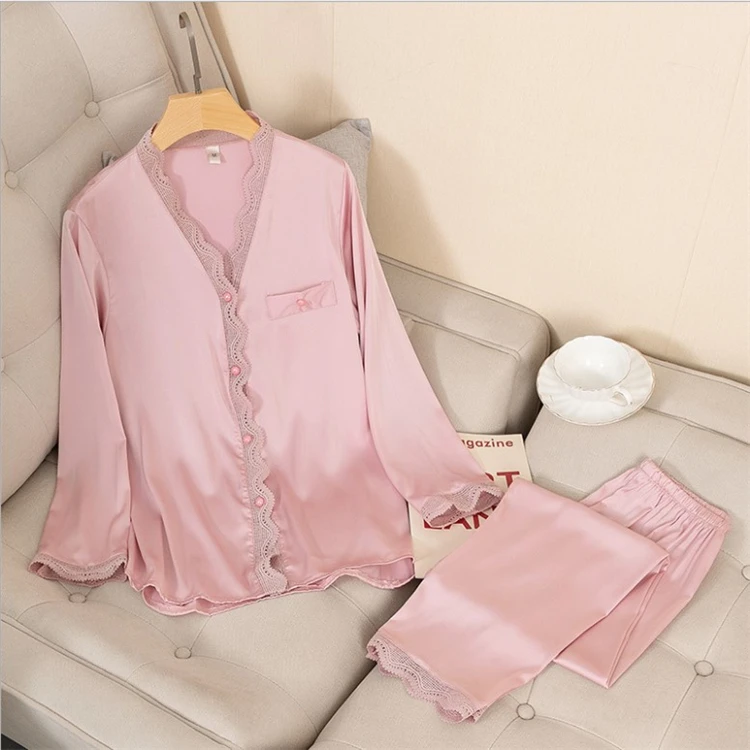 
Wholesale Roupa de Dormir Spring Solid Lace Homewear Long Sleeve Soft Satin Silk Nightclothes With Pant 