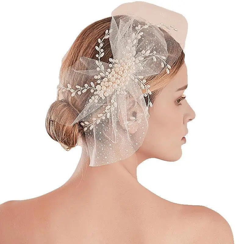 High quality handmade Lace Pearl Beaded Bridal Hairpin Big Bow Tulle Jewelry Wedding Hairclip Female Hairband Headpiece