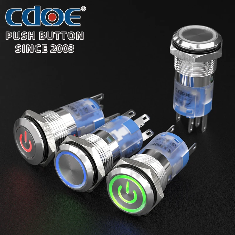 CDOE IP67 waterproof metal push button NO Nc 16mm 19mm 22mm red green blue illuminated led momentary switch for industrial