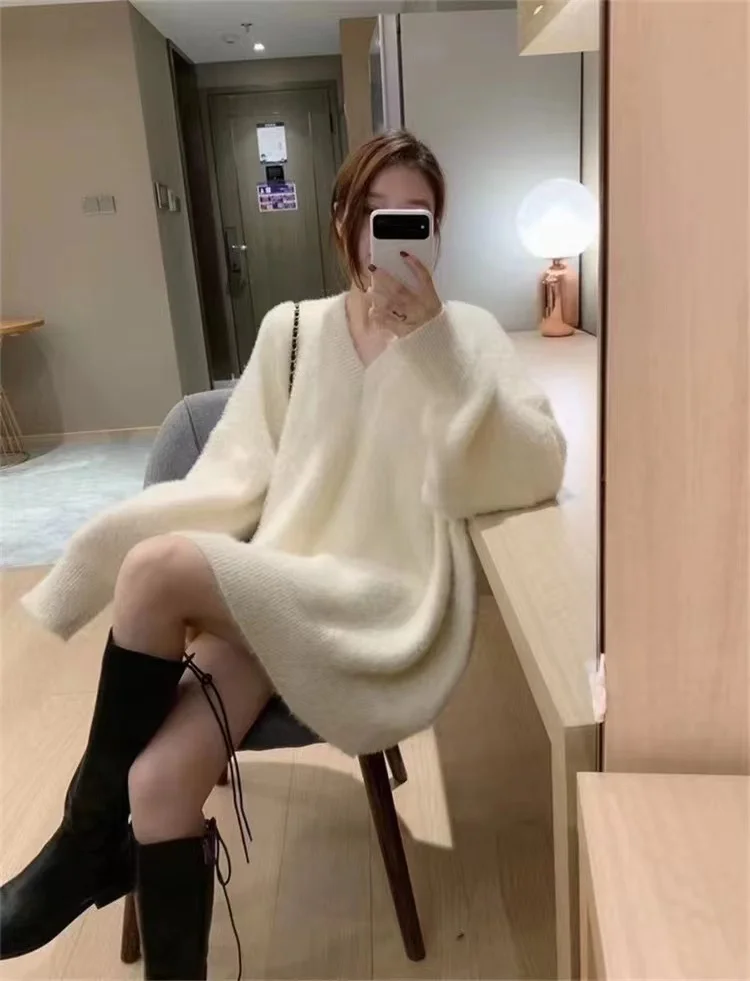 Hot Sale Winter Mink like Sweaters Women Plus Size Pullover V neck  loose size Sweater mohair sweater