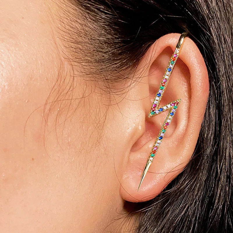 Fashion Women Jewelry Long Cuff Whit Rainbow Bolt lightning Cuff Pin Earring