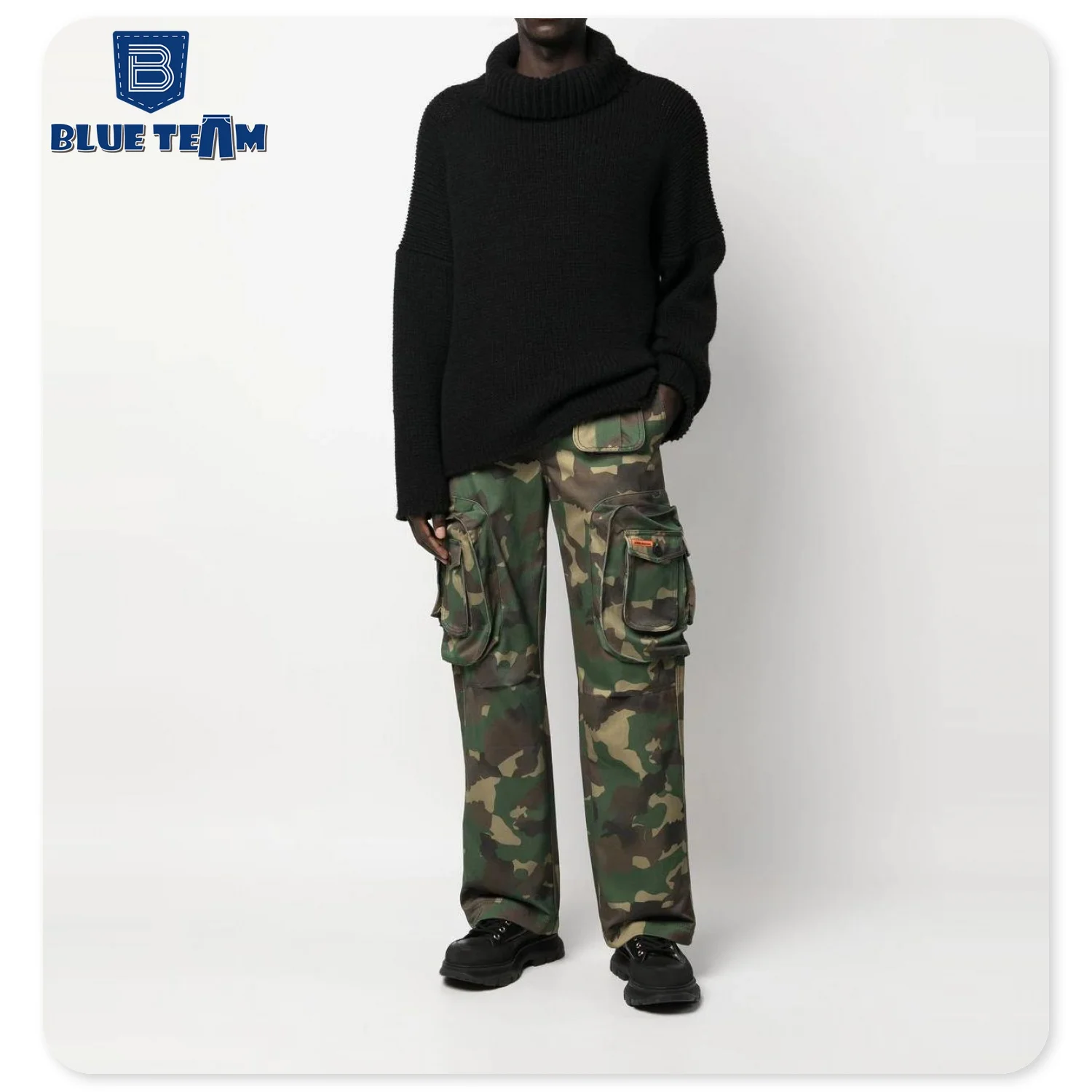 Blue Team | Custom printed embroidery logo cargo jeans pant wide leg camo pants hip hop pockets tactical camouflage pants