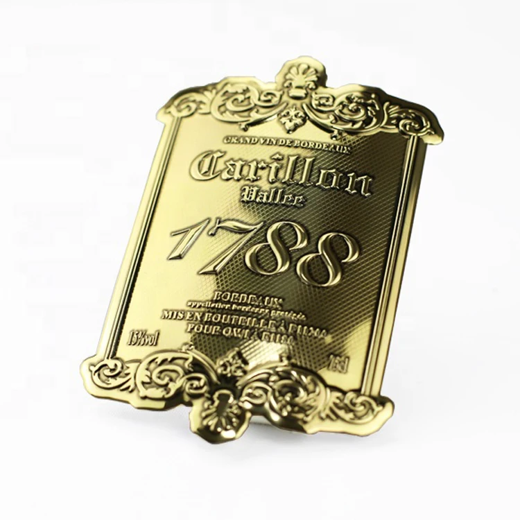 New Custom High Quality Gold Embossed Wine Bottle 3d Logo Aluminum Metal Printing Logo Metal Wine Labels
