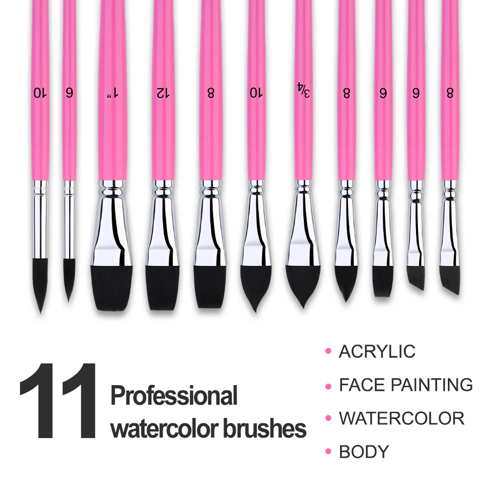 Professional Pink Handle Artist Brush Black Nylon Hair 11pcs Watercolor Paint Brush Set for Acrylic Paint