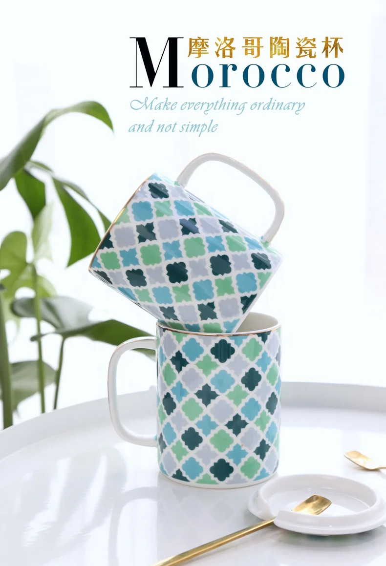China Manufacturer Customized New Design Morocco ceramic coffee mug porcelain pottery mugs with lid
