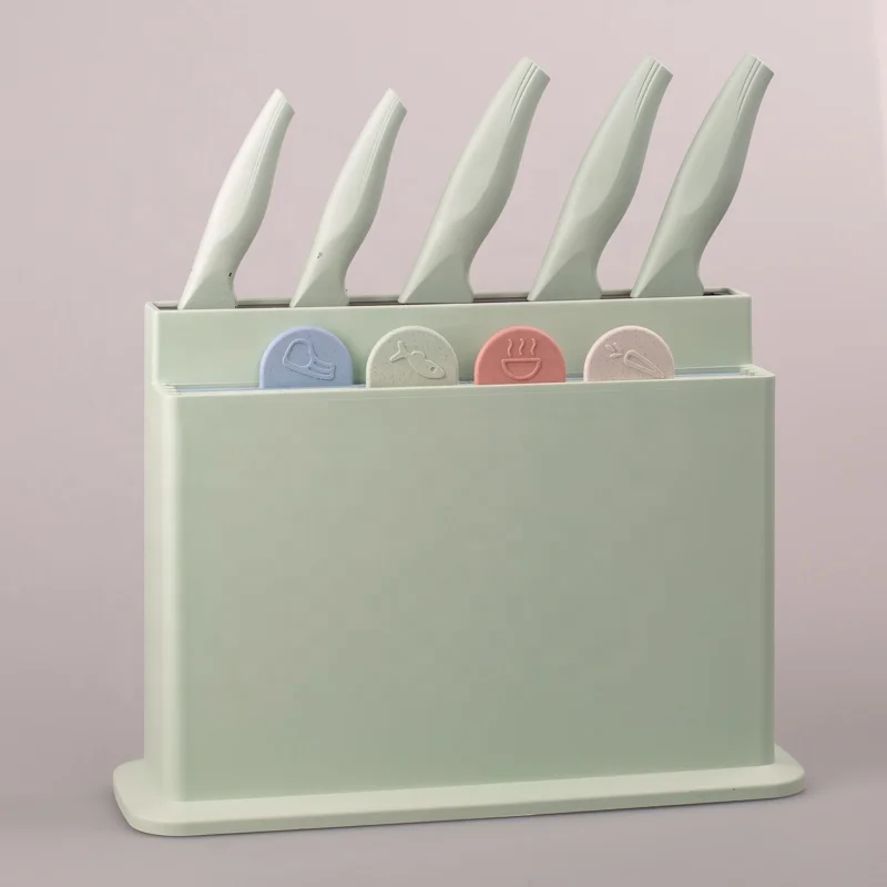 Уникальный дизайн многофункциональная цветная пластиковая разделочная доска для кухни и набор ножей с держателем