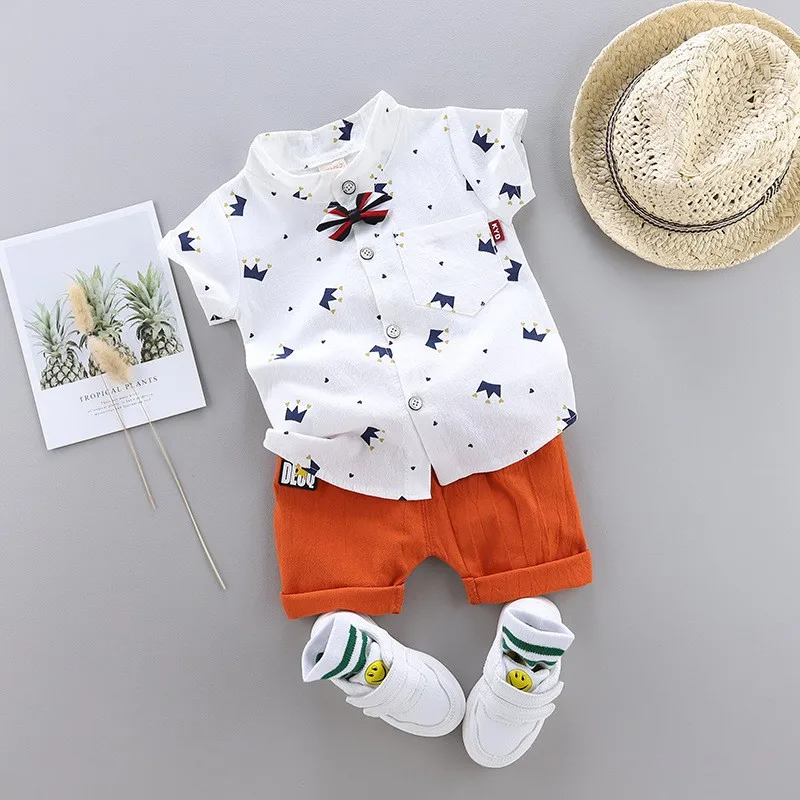 2023 Summer Child Boys Clothes Suits Short Sleeve Single Breasted Crown Print Shirt Pant 2 Pieces Children Clothing Boy