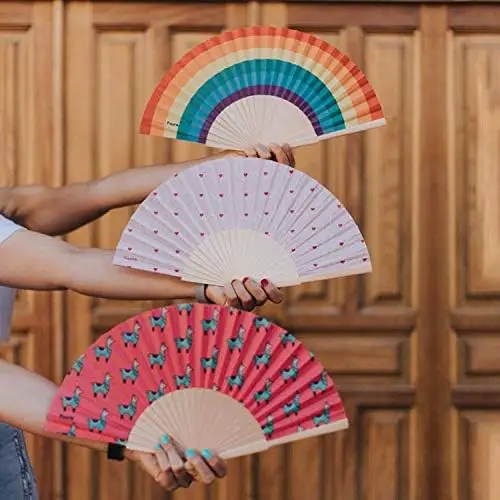 BSBH New Arrival  23cm Custom Printed Spanish Wood Bamboo Hand Fan For Colorful Beach Rave Wedding Party Folding Hand Held Fans