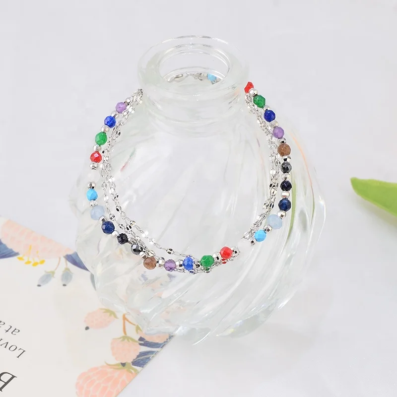High Quality Rainbow Colorful Natural Irregular Stone Beads Lanyard With Link Chain 925 Silver Charm Bracelet For Women