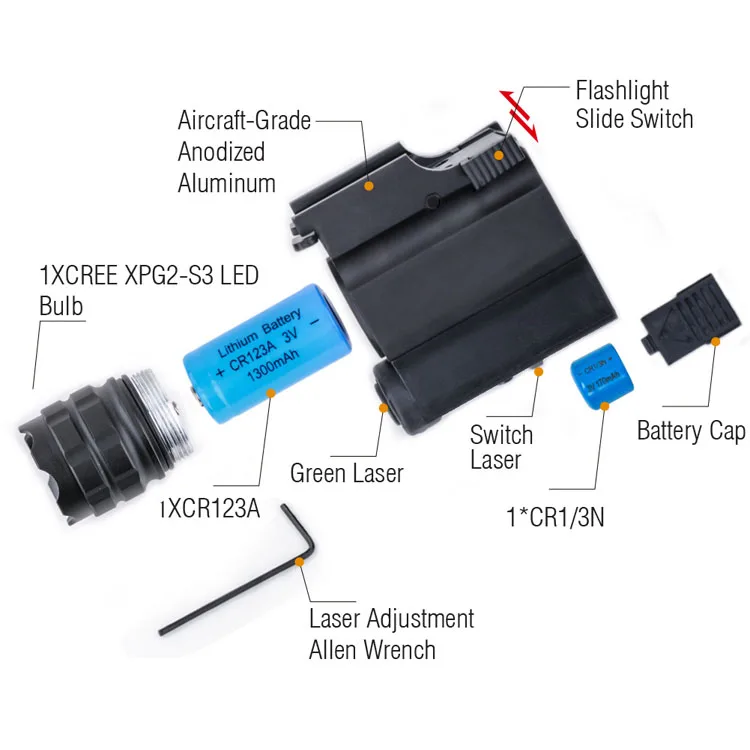 Weapon Pistol Torches Rail Mount Quick Release Rechargeable Waterproof LED Hunting Tactical Gun Green Red Laser Flashlight