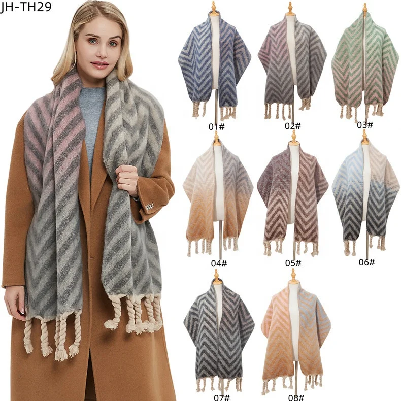 Feel Acrylic Scarf Pashmina Blanket Shawls Women Stripes Scarf with Fringe Circle Yarn European Winter Warm Oblong Cashmere Long