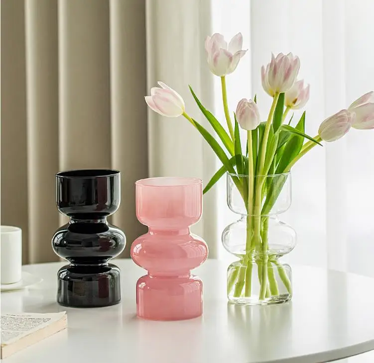 Elegant Customized Glass Vase Decoration for Living Room Color Pink Black Clear Decoration Glass Vase Candle Hoder