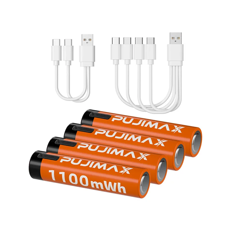 PUJIMAX 1.5v aaa rechargeable battery 1100mwh usb c aaa lithium ion batteries 1.5v usb type c li ion batteries with usb cable