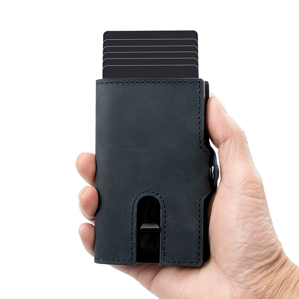 Dropshipping Custom Genuine Real Leather Metal Smart Card Holder Rfid Secure Pop Up Business Wallet with Money Strap and Zipper