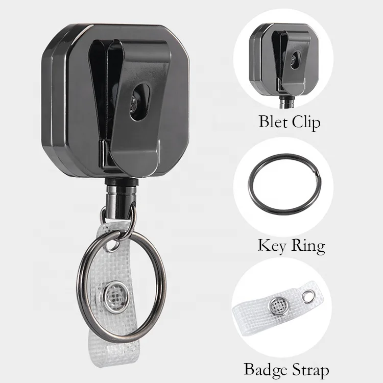 Heavy Duty Square Metal Retractable Badge Reel Metallic Pull Wire Cable Keychain Reel for ID Badge Card Holding