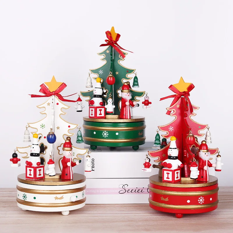 Creative Christmas Tree Wooden Music Box with Rotating & Musical Bell Ornaments Wholesale Window Decorations