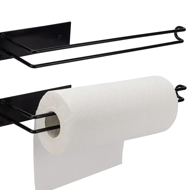 Держатель для бумажных полотенец под шкаф, черный настенный металлический держатель для бумажных полотенец, подходит для кухни, ванной и гаража, 2 упаковки