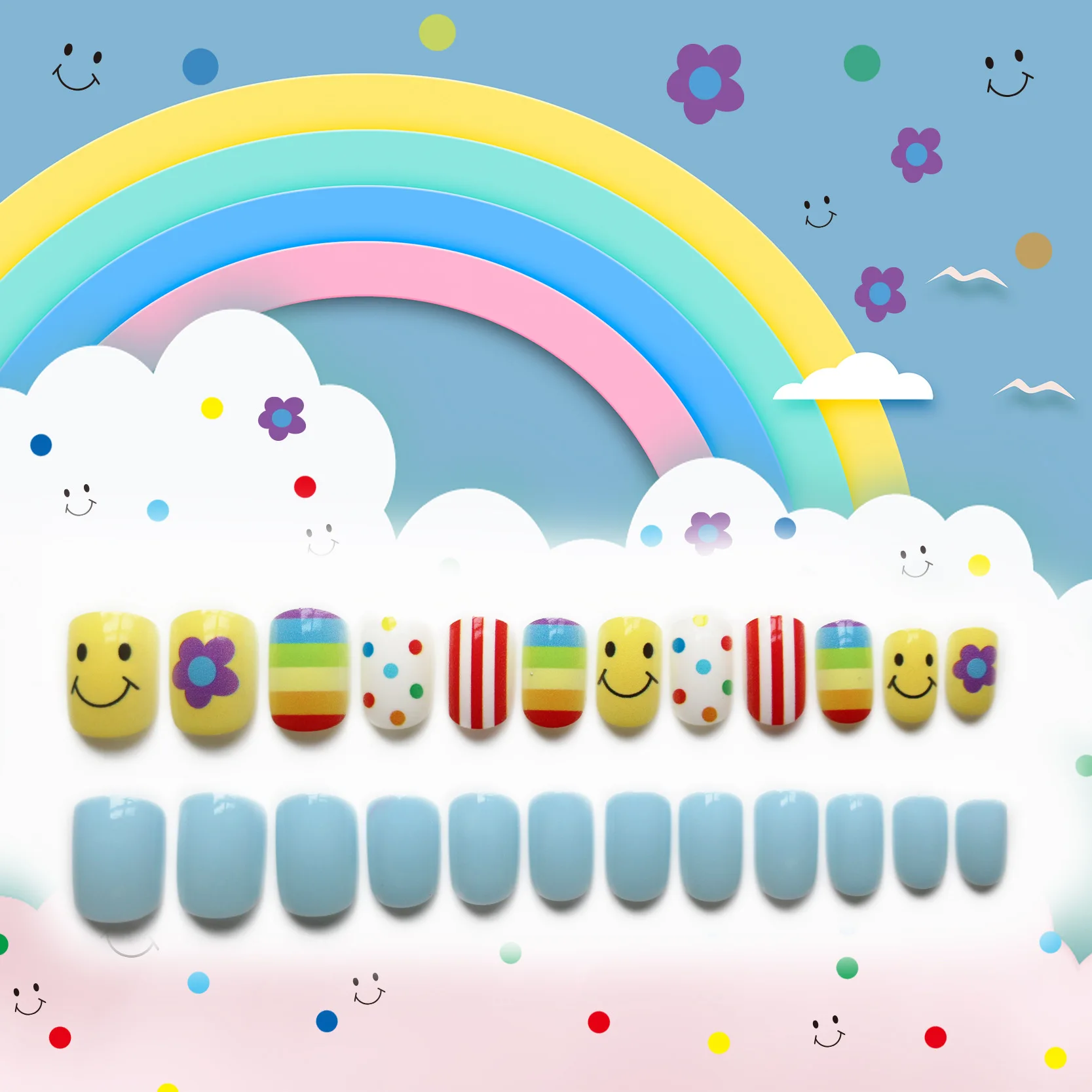 Purple And Anime Print Press On Nail Tips Short Squoval Fake Nail For Kids