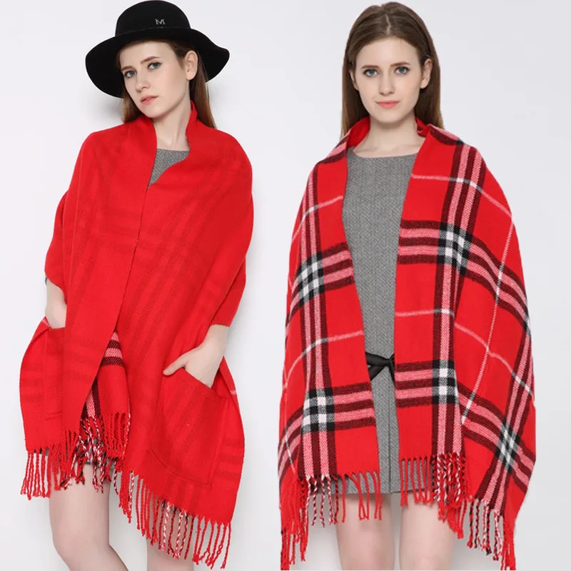 New Luxury Mink Cashmere Pocket Small Lattice Tassel Scarf Winter Warm Cloak Women Poncho Shawl