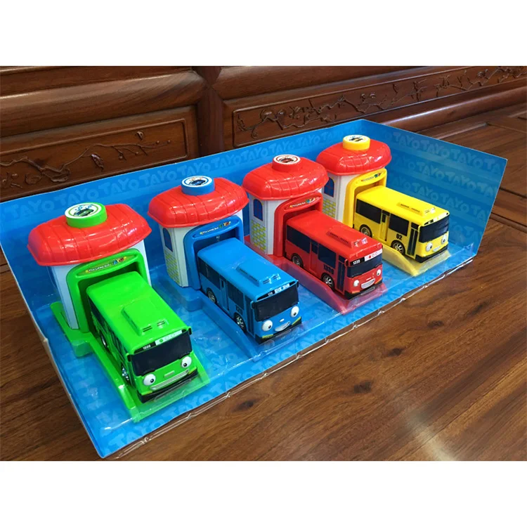Newest Arrival High Quality Wholesale Set of 4 Tayo Sliding Door Opening Ejecting Kids Plastic Toy Bus