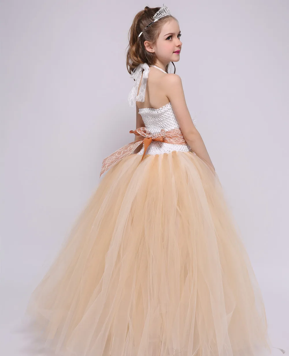 Classic Younger Flower Girl Princess Frock Apricot Long Tulle 12 Years Old Girls vestido de casamento