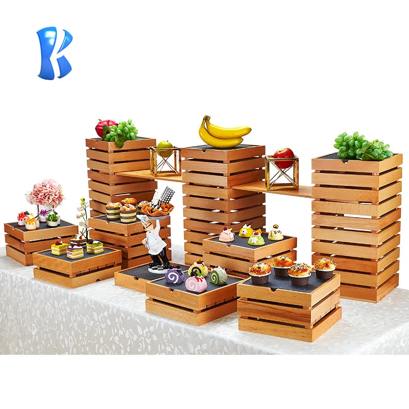 OKEY 5 star  hotel wood cake dessert display stand luxury tableware square rack elevation wooden buffet rack