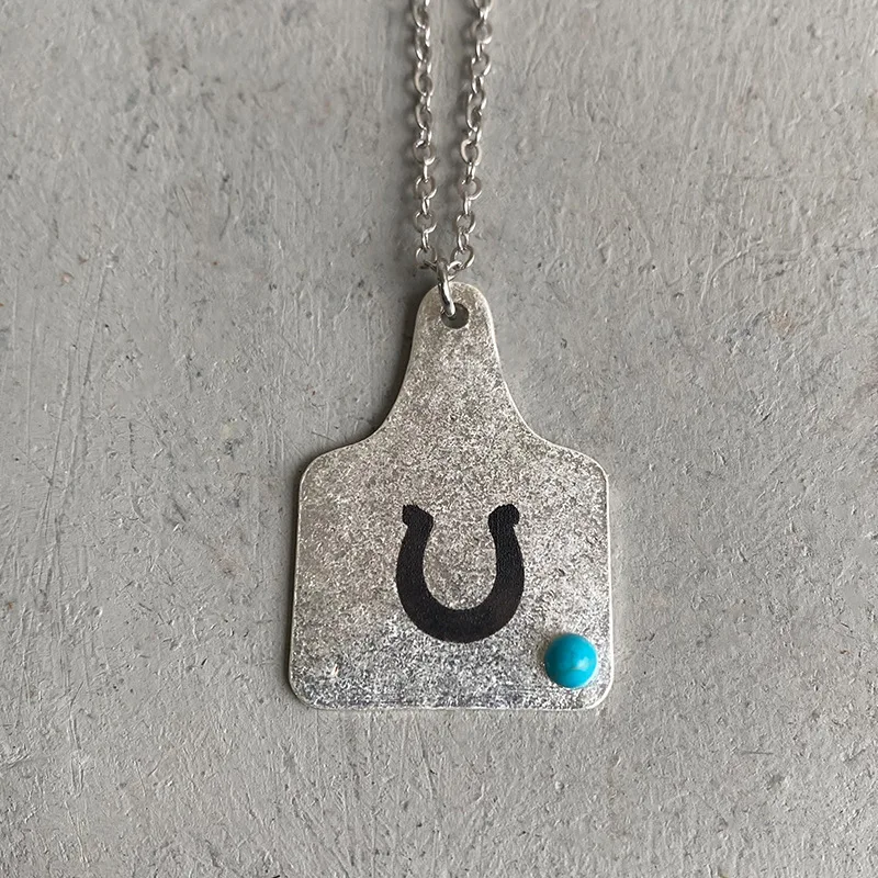 Western Cowboy Cowgirl Jewelry Buffalo Cactus Horseshoe Engraved Cow Tag Pendant Necklace With Turquoise