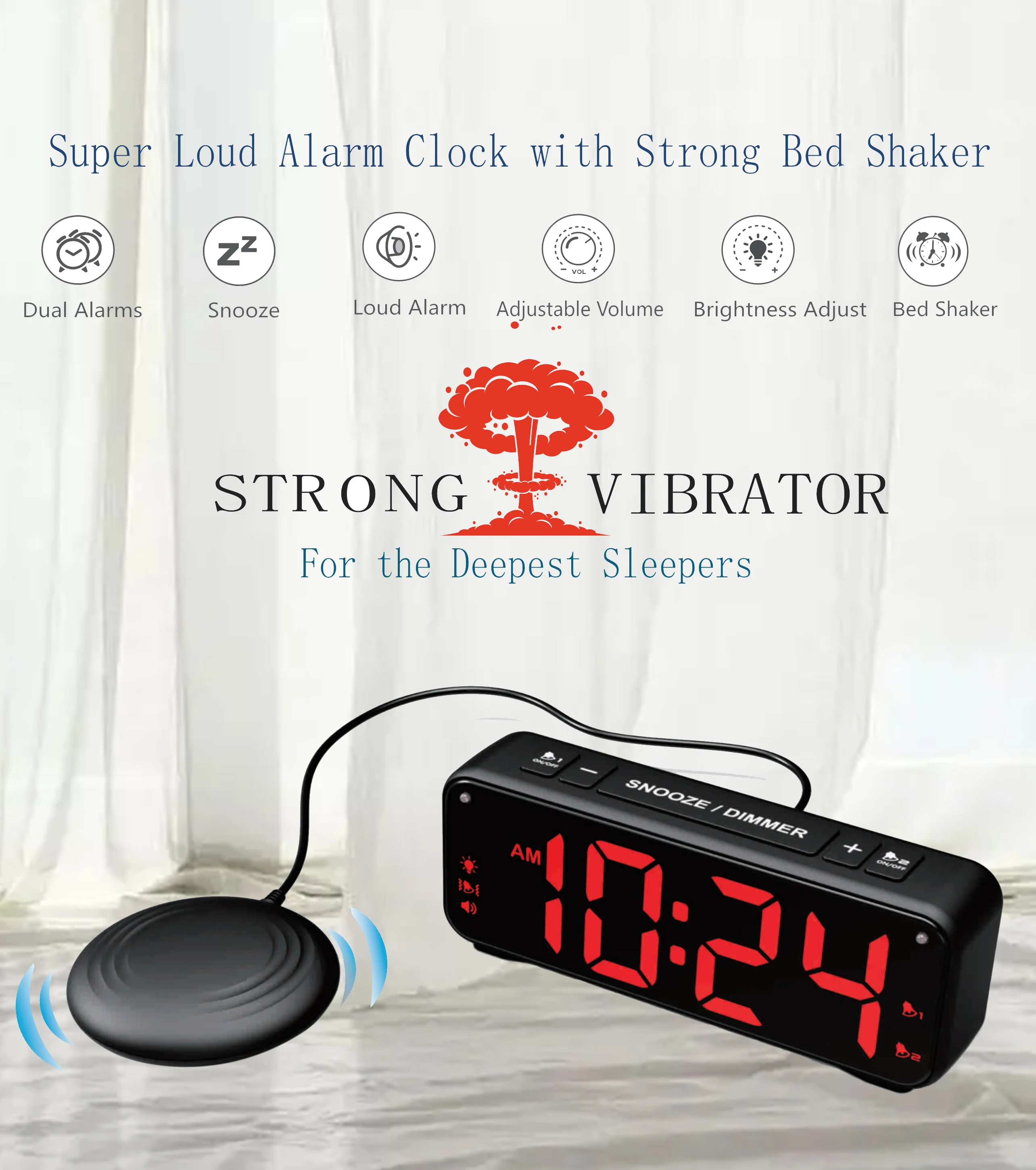 Super Loud Wake Up Vibrator Digital Alarm Clock with Bed Shaker for Heavy Sleepers Hearing Impaired Deaf Teens