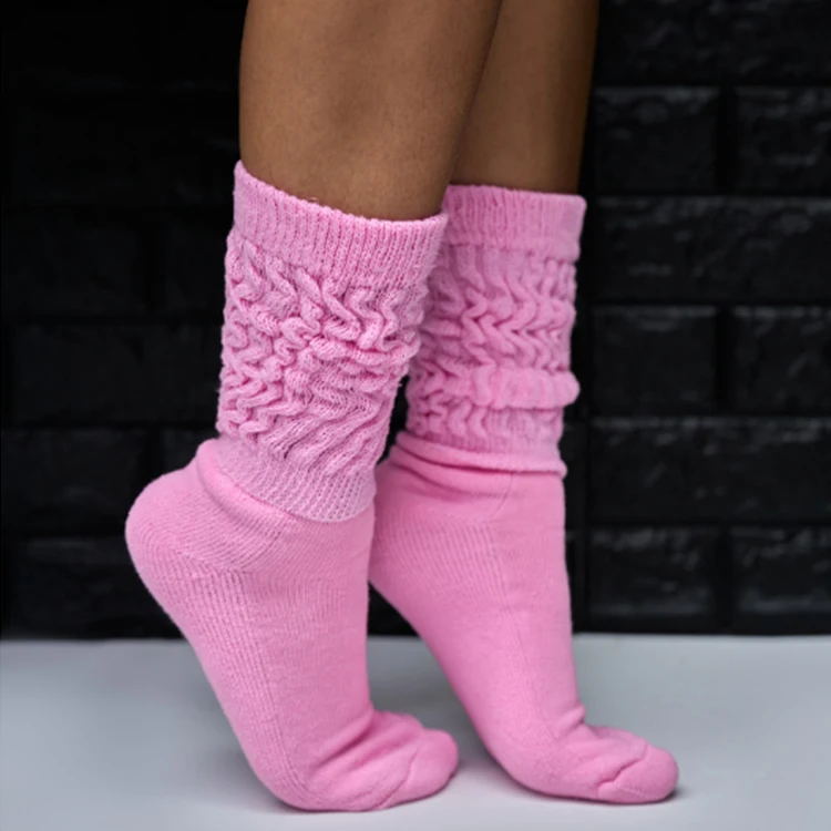 Wholesale Extra Long Custom Logo Pattern Girls Slouch Socks, Custom Color Package Lady Loose Pink Slouch Socks for Women