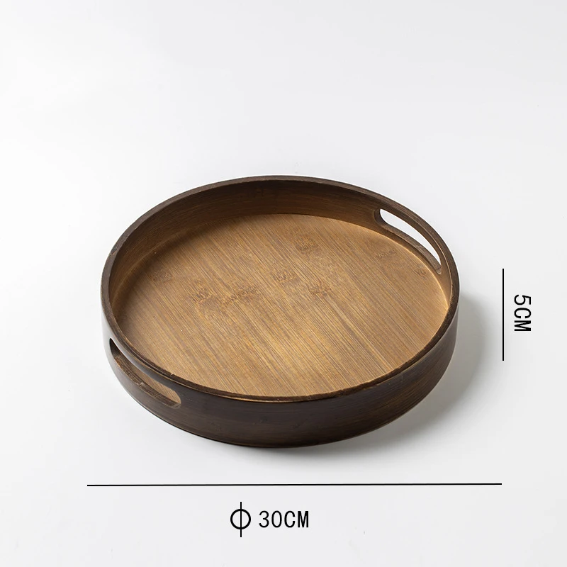 Large Round Black Walnut Wood Ottoman Tray with Handles, Serve Tea, Coffee, Classic Wooden Circular Decorative Serving Tray