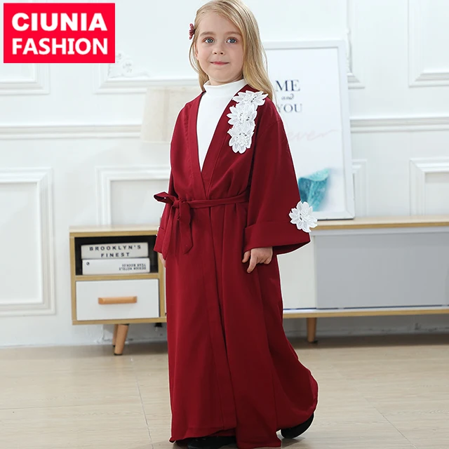 1836# Maroon 3D flowers lace kids dubai little girls long sleeve front open abaya muslim dresses