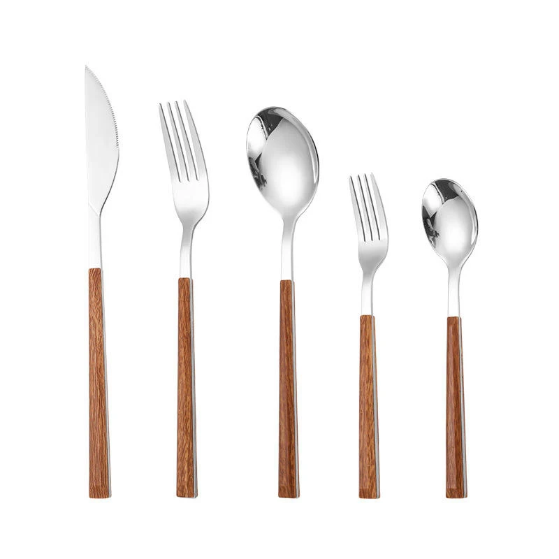 Korean Modern Stainless Steel Dinner Spoon Fork Knife Restaurant Wooden Grain Silverware Flatware Abs Plastic Handle Cutlery Set